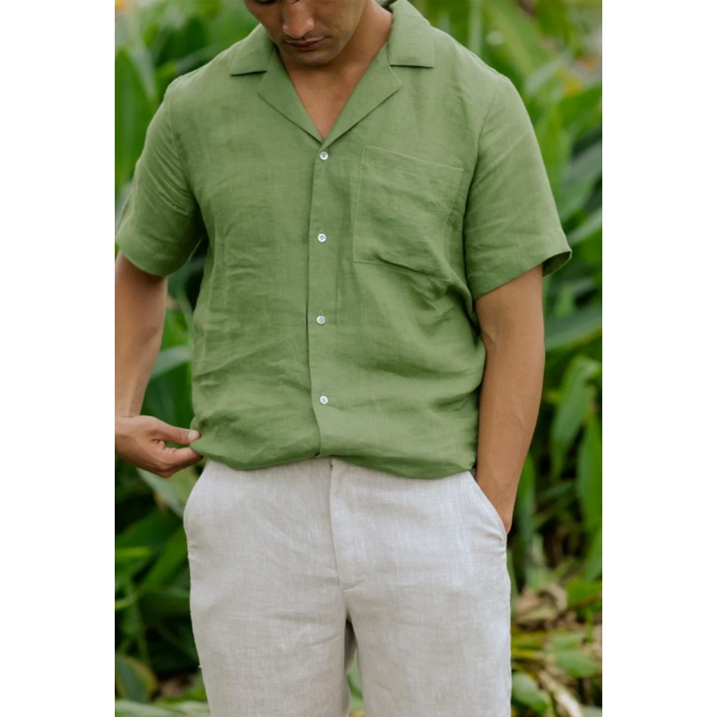 Meeste lühikeste varrukatega linane särk Hawi Forest green (3).jpg