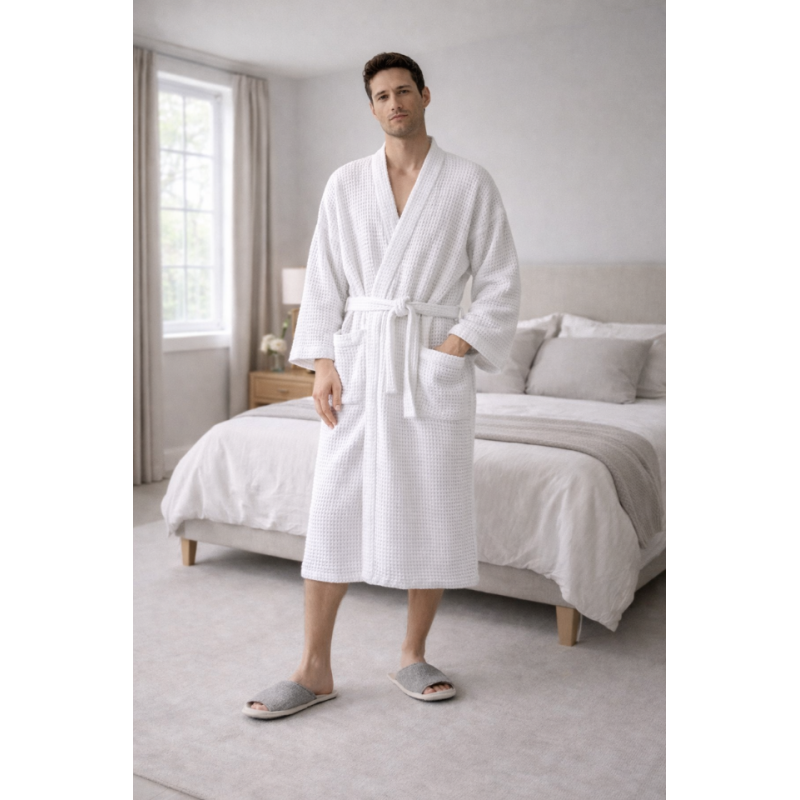 Meeste linane vahvelkoega hommikumantel white 1-211.png