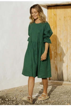 VOLUMINOUS LINEN DRESS NERJA IN GREEN - HANDMADE