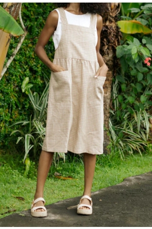 PINAFORE LINEN DRESS ROATAN IN BROWN WINDOWPANE-HANDMADE