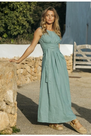 LONG LINEN DRESS BORACAY IN TEAL BLUE - HANDMADE