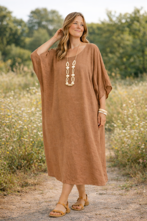 Linane boho - kaftan stiilis linane kleit Blossom kaneelivärvi