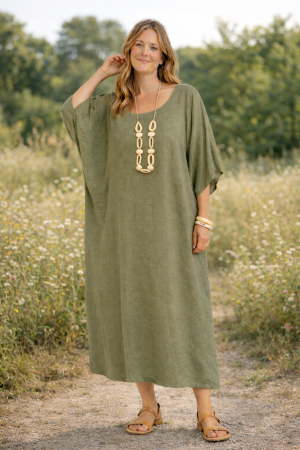 Linane boho - kaftan stiilis linane kleit Blossom oliiviroheline