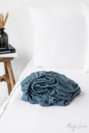 GRAY BLUE LINEN FITTED SHEET