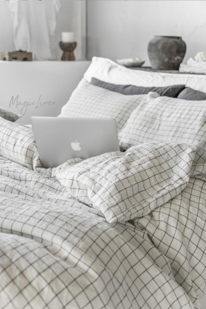 CHARCOAL GRID LINEN DUVET COVER