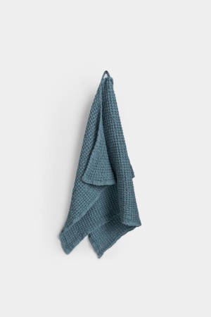 LINEN WAFFLE KITCHEN HAND TOWEL GRAY BLUE