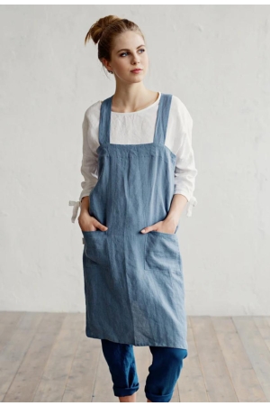 JAPANESE CROSS-BACK LINEN APRON IN GRAY BLUE