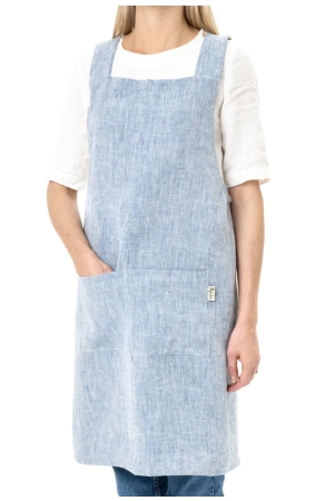 PINAFORE CROSS-BACK LINEN APRON IN BLUE MELANGE