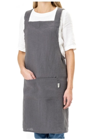 PINAFORE CROSS-BACK LINEN APRON IN CHARCOAL GRAY