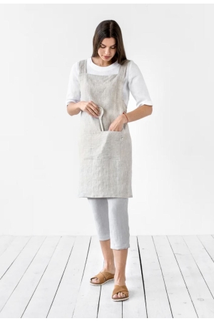 PINAFORE CROSS-BACK LINEN APRON IN LIGHT GRAY