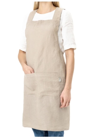 PINAFORE CROSS-BACK LINEN APRON IN NATURAL LINEN