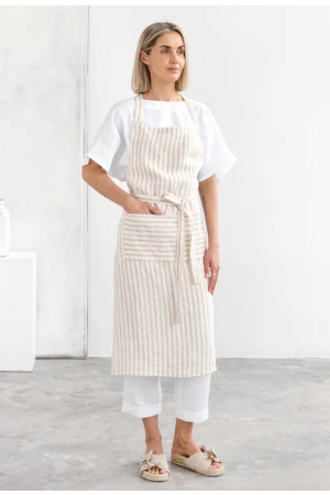 LINEN BIB APRON IN STRIPED IN NATURAL