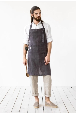 MEN'S LINEN BIB APRON IN CHARCOAL GRAY - HANDMADE