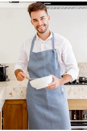 MEN'S LINEN BIB APRON IN GRAY BLUE - HANDMADE