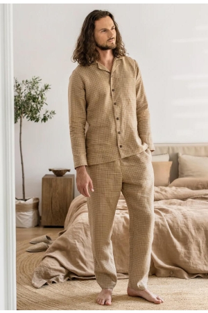 MEN'S LINEN LOUNGEWEAR SET MONTEREY IN BROWN WINDOWPANE