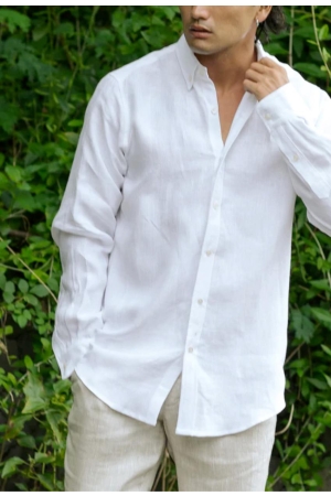 CLASSIC BUTTON-DOWN COLLAR MEN'S LINEN SHIRT SINTRA IN WHITE - HANDMADE