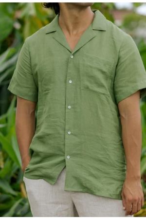 SHORT-SLEEVED BREEZY MEN'S LINEN SHIRT HAWI IN FOREST GREEN - HANDMADE