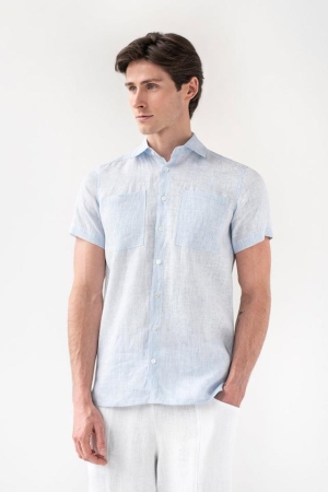 SHORT SLEEVES LINEN SHIRT  PORTLAND PINSTRIPE BLUE - HANDMADE