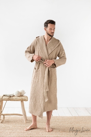 MEN'S WAFFLE LINEN ROBE BEIGE - HANDMADE