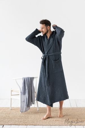 MEN'S WAFFLE LINEN ROBE DARK GRAY - HANDMADE