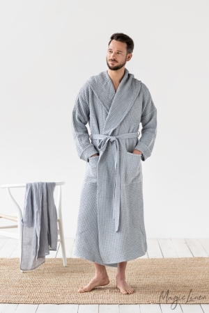 MEN'S WAFFLE LINEN ROBE LIGHT GRAY - HANDMADE