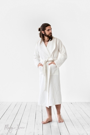 MEN'S WAFFLE LINEN ROBE WHITE - HANDMADE