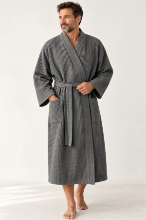 Dark Grey Linen Waffle Bathrobe