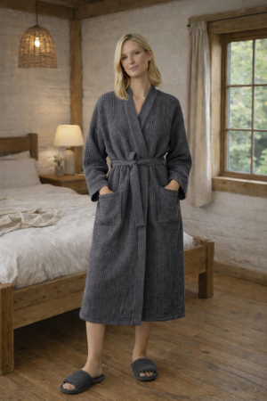 Dark Grey Linen Waffle Bathrobe