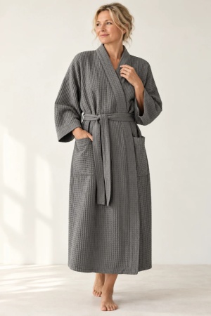 Dark Grey Linen Waffle Bathrobe