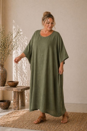 Linane boho - kaftan stiilis linane kleit Blossom oliiviroheline