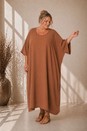 Linane boho - kaftan stiilis linane kleit Blossom kaneelivärvi