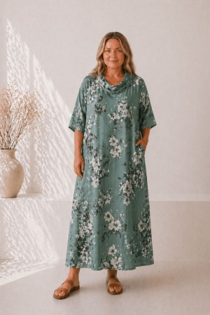 Linen dress Flora green