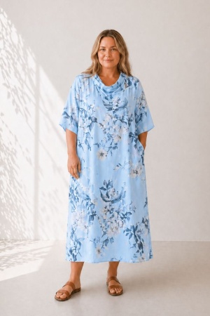 Linane mustriga kleit Flora taevasinine