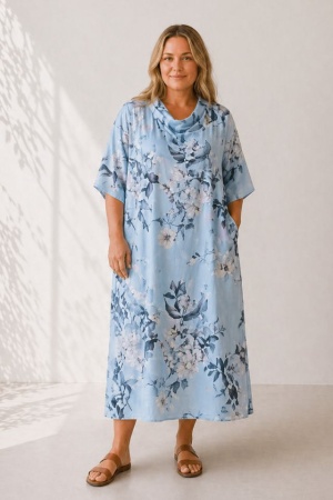 Linane mustriga kleit Flora taevasinine