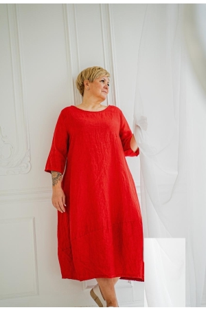 ANNAROSE LINEN DRESS, fiesta red