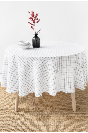 ROUND LINEN TABLECLOTH IN CHARCOAL GRID