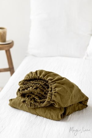OLIVE GREEN LINEN FITTED SHEET