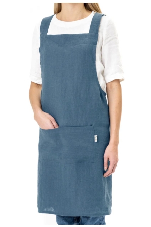 PINAFORE CROSS-BACK LINEN APRON IN GRAY BLUE