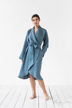 NAISTE LUKSUSLIK LINANE HOMMIKUMANTEL  GRAY BLUE